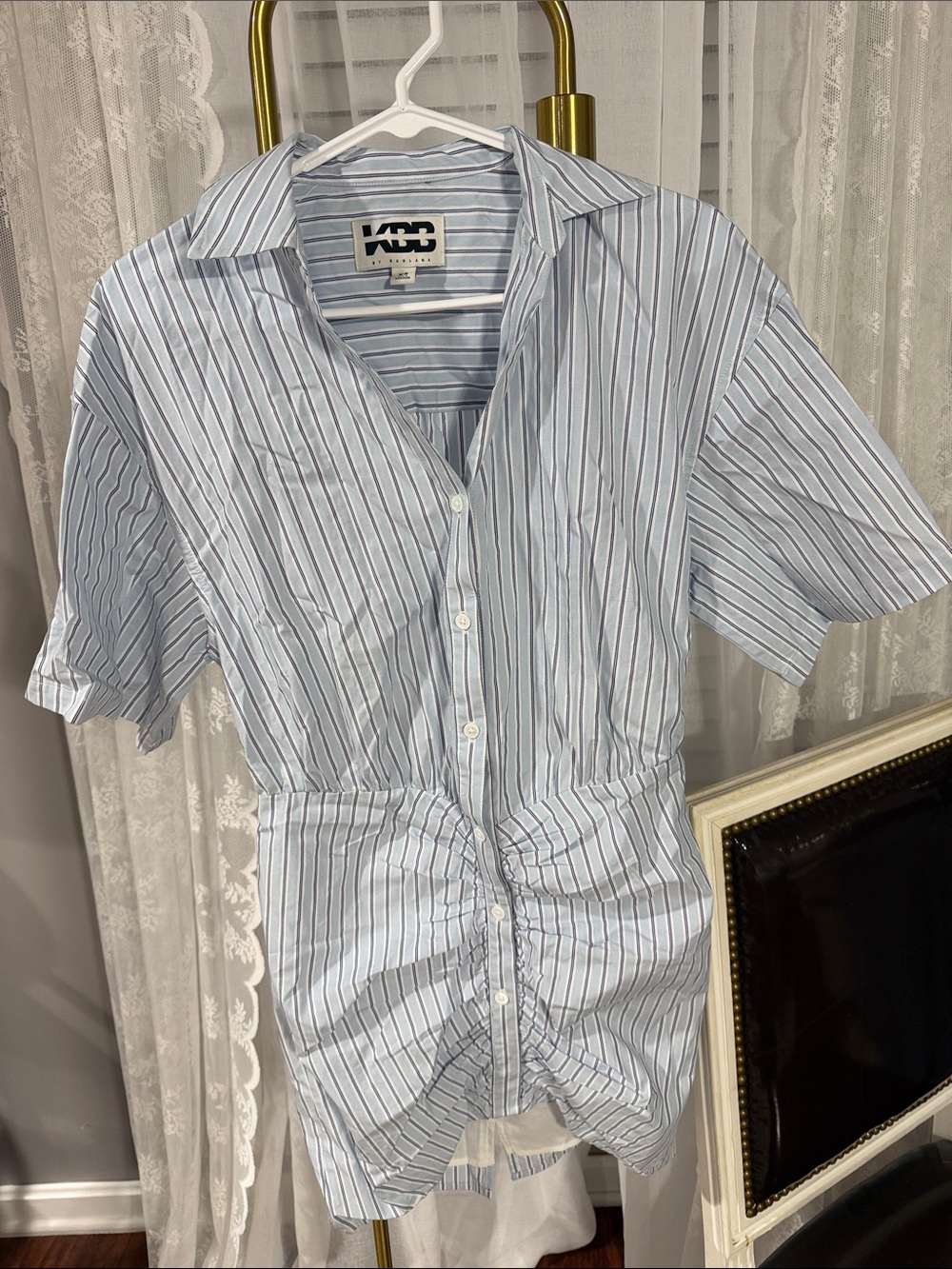 Light Blue Striped Mini Dress with Ruched Front